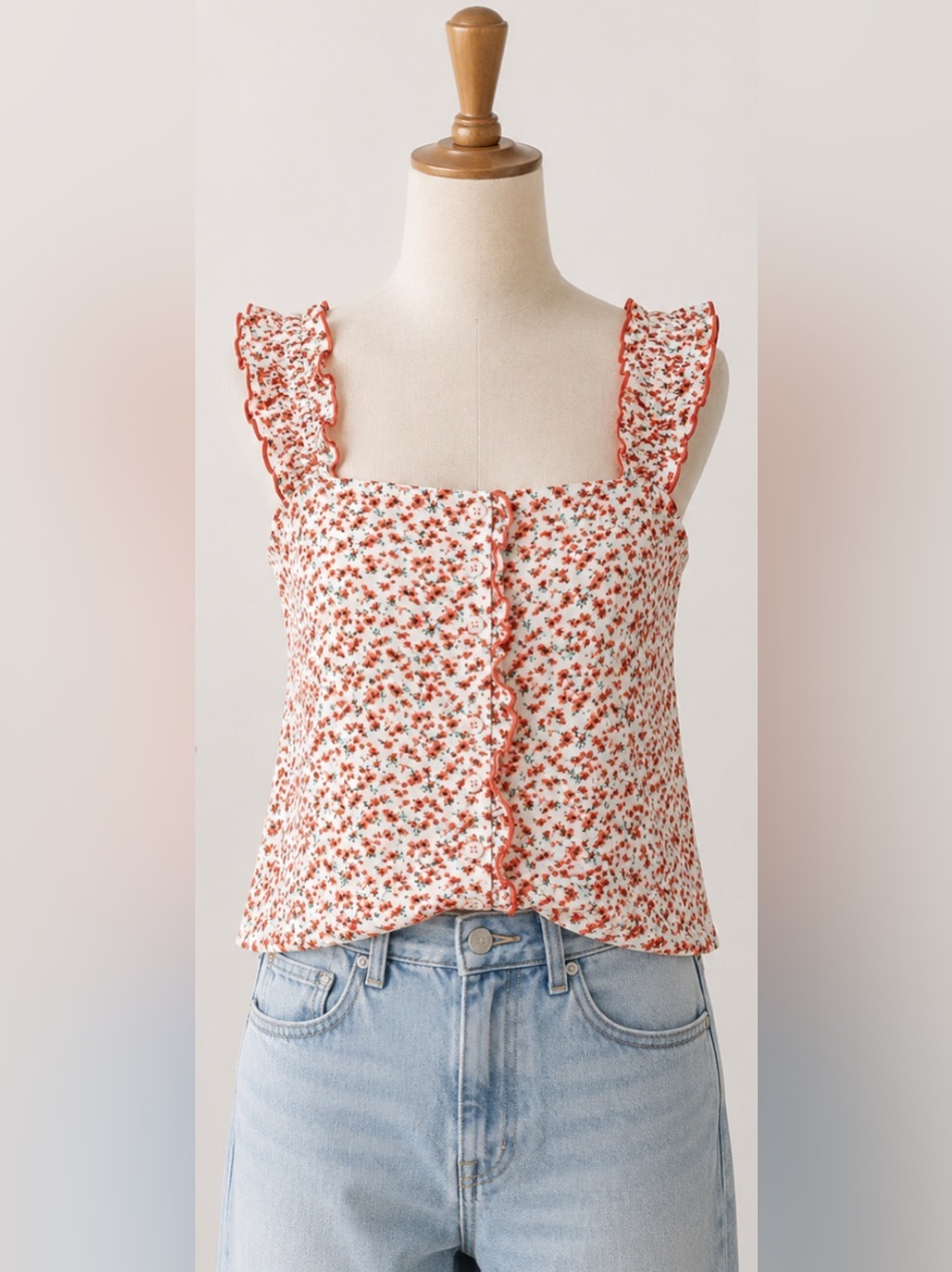 Topshop Red Floral Ruffle Tank